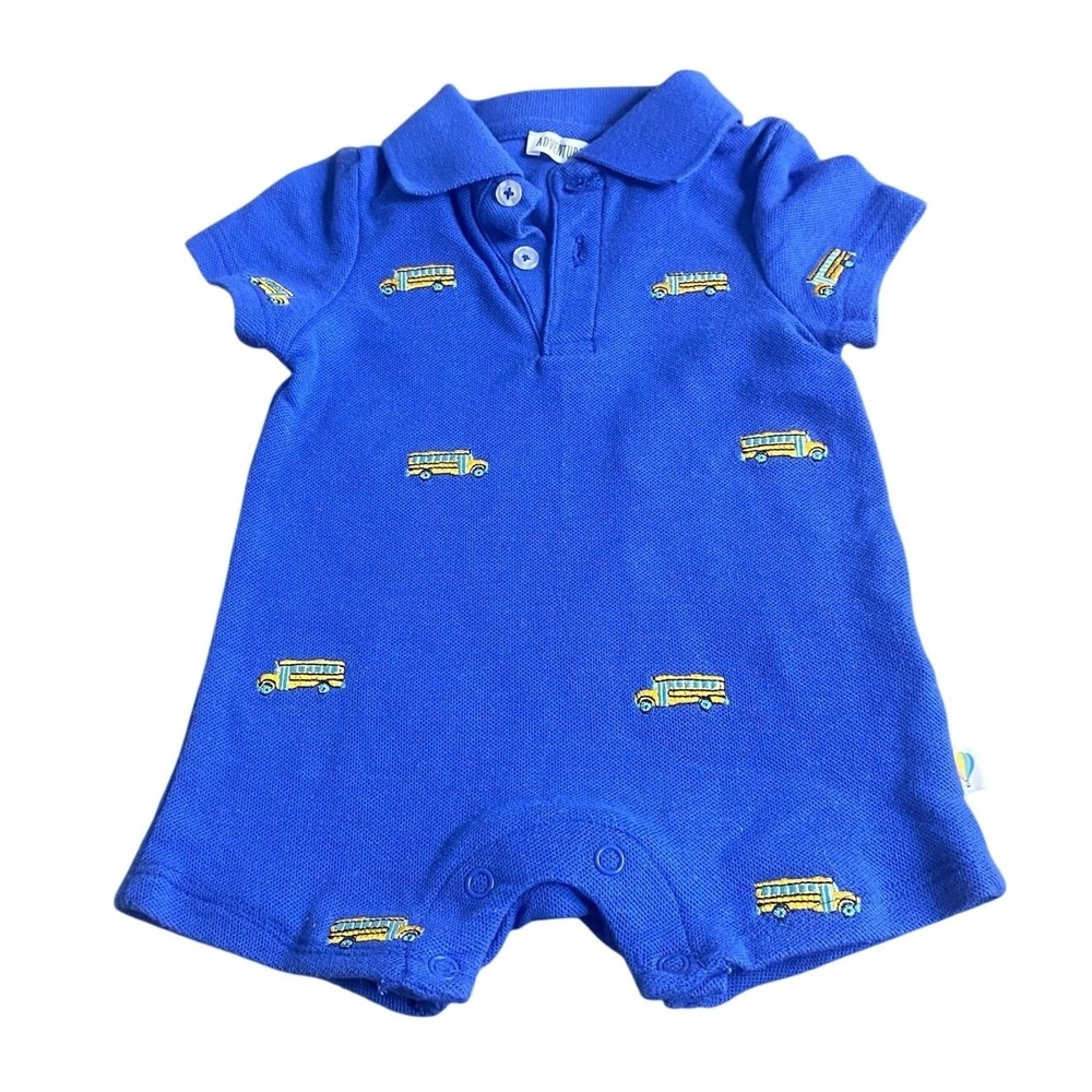 Adventure Wear blue embroidered school‎ bus polo shorts boys one piece SIZE 3M